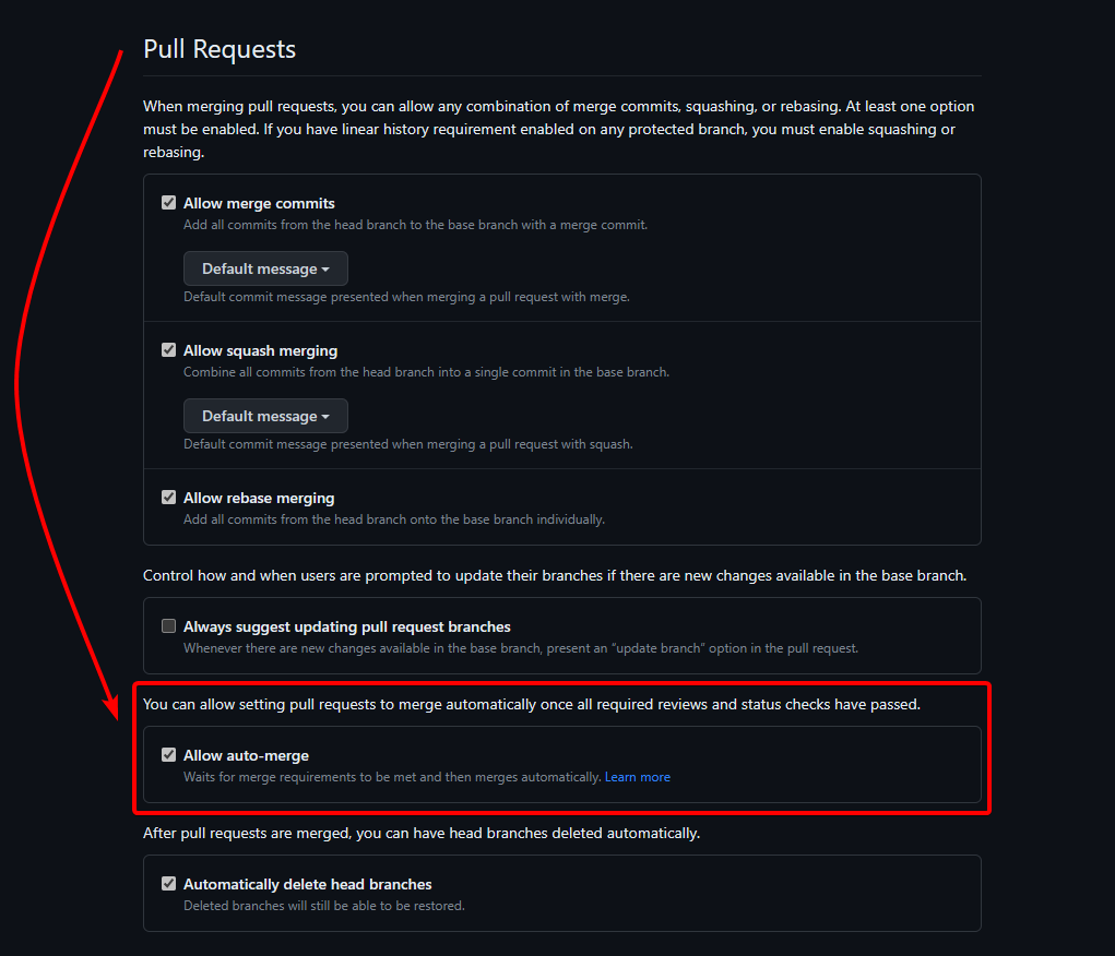 A screenshot of the GitHub repository settings page, showing how to allow auto-merging pull requests