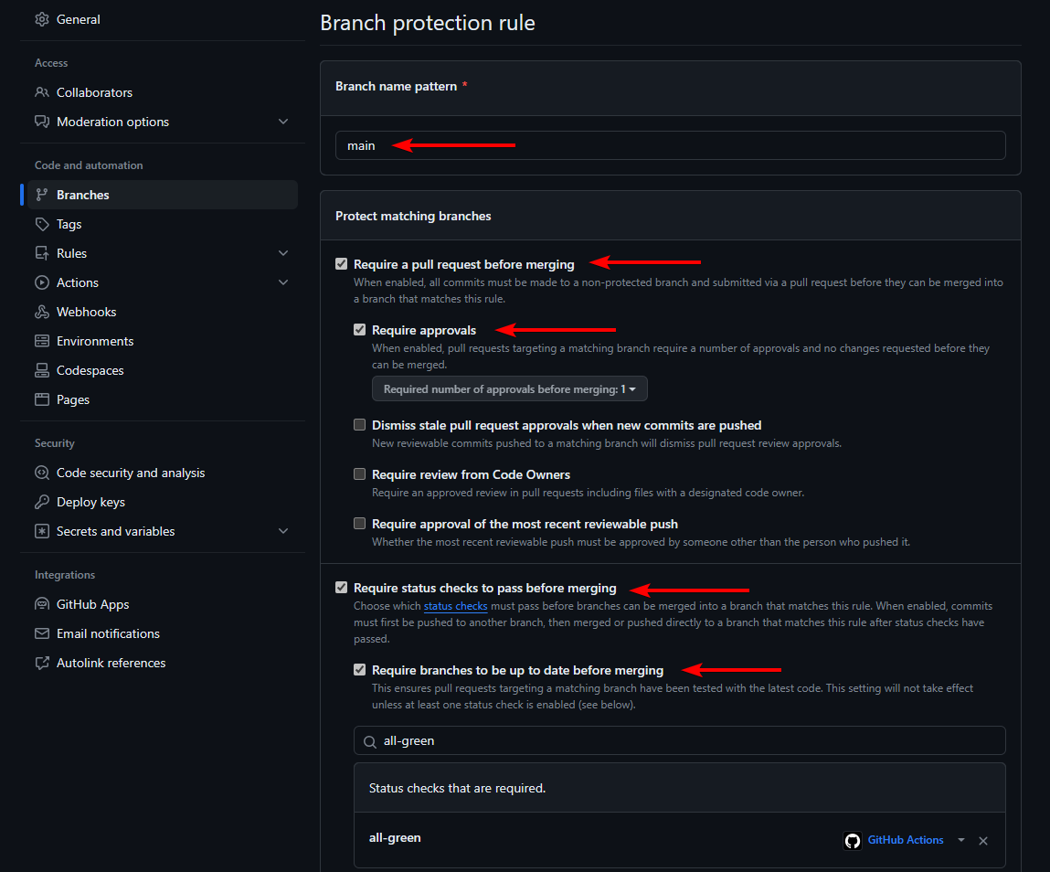 A screenshot of creating a new branch protection rule in GitHub.