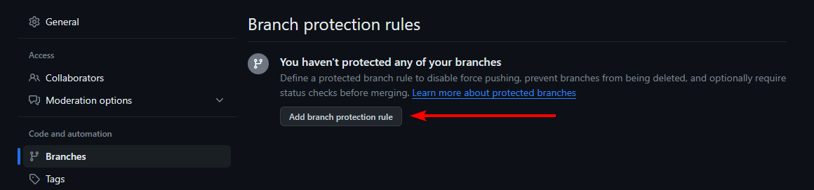 A screenshot of the branch protection rules settings page in GitHub when no rules have been configured.