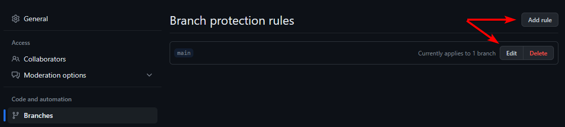 A screenshot of the branch protection rules settings page in GitHub when one or more rules have been configured.