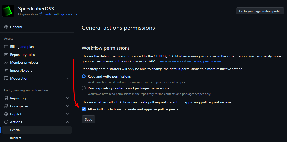 A screenshot of the GitHub organization Actions settings page, showing how to allow automated creation and approval of pull requests
