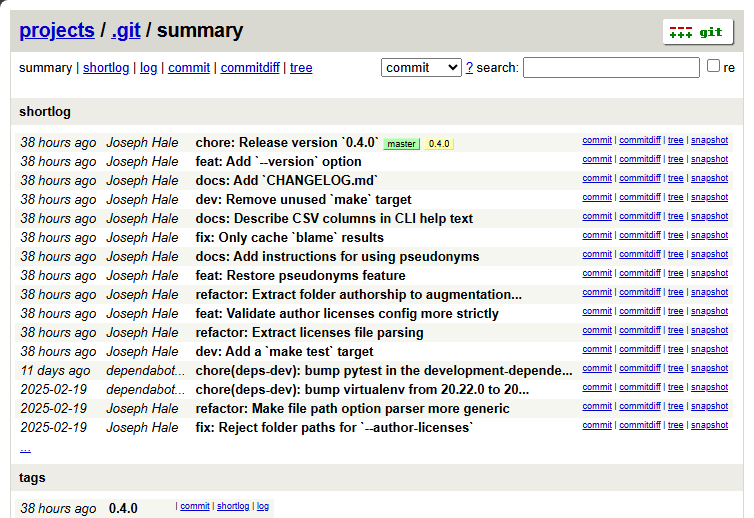 A screenshot of the Git Web landing page for Joseph Hale's "Git Authorship" project.