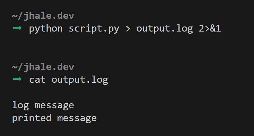 A screenshot showing a python script appended with `> output.log 2>&1` which saves all output to a file.